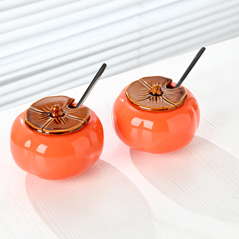 Creative Ceramic Persimmon Spice Jar with Lid and Spoon – Seasoning Container Set of 2