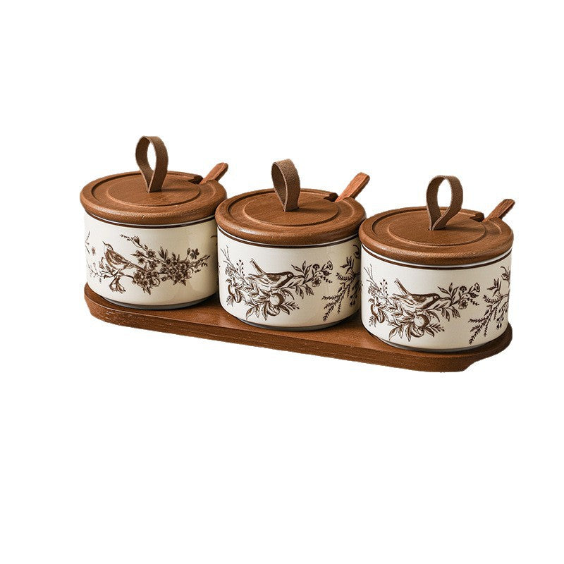 Vintage Wooden-Style Ceramic Spice Jar Set of 3 with Tray and Spoons – Rustic Kitchen Storage