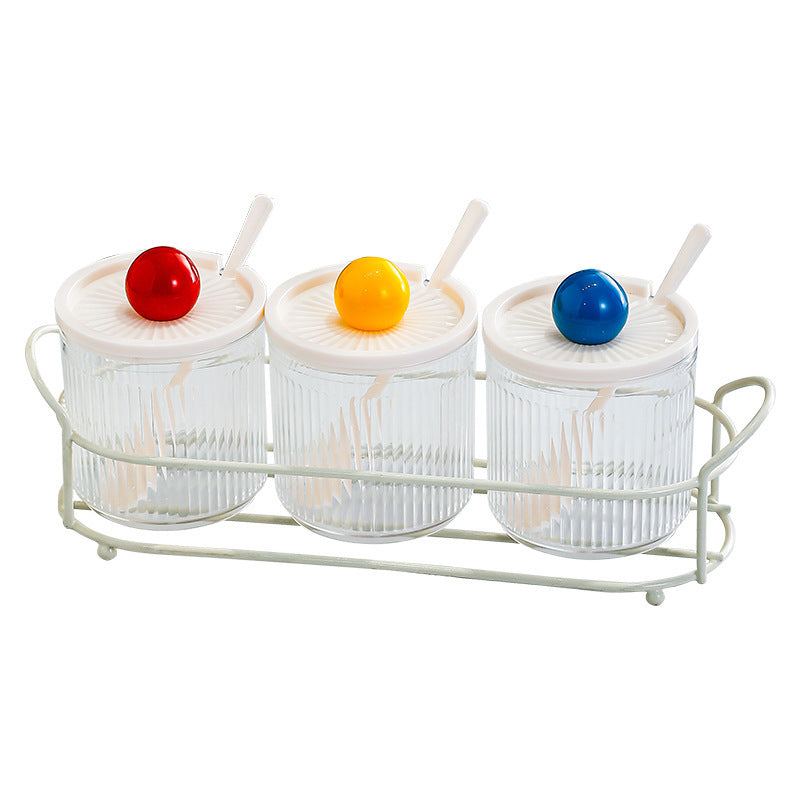3-Piece Glass Spice Jar Set with Colorful Ball Handle, Spoons & Metal Rack – Seasoning Containers  Product Description: