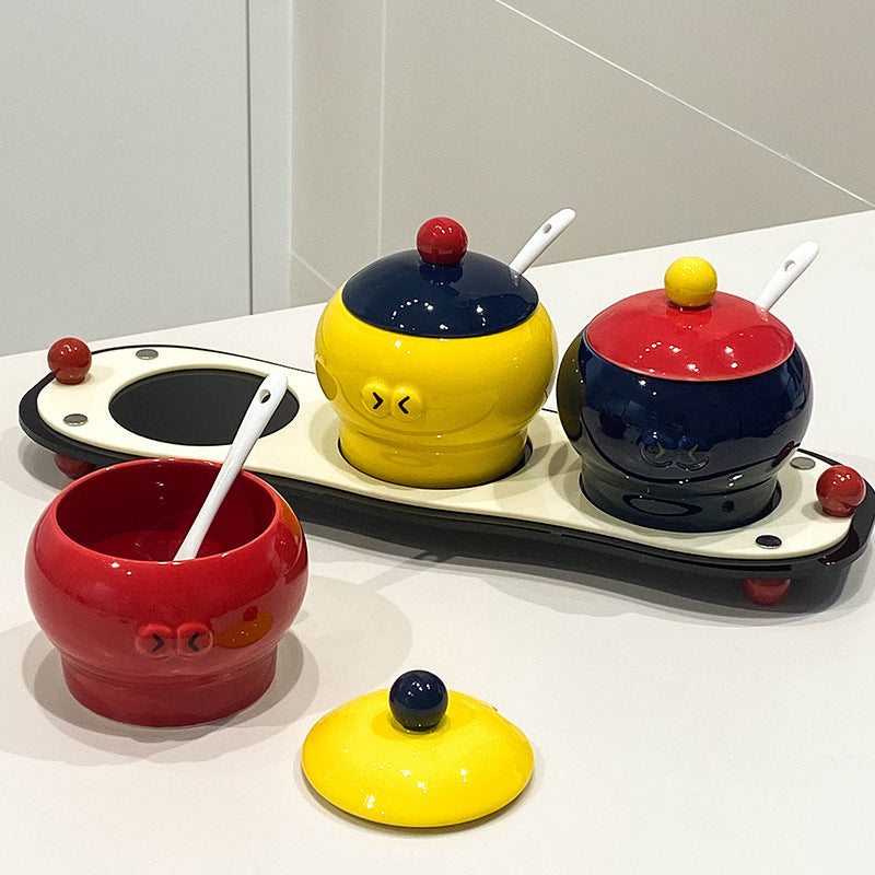 Creative Three-Color Ceramic Spice Jar Set of 3 with Tray and Spoons – Modern Kitchen Storage