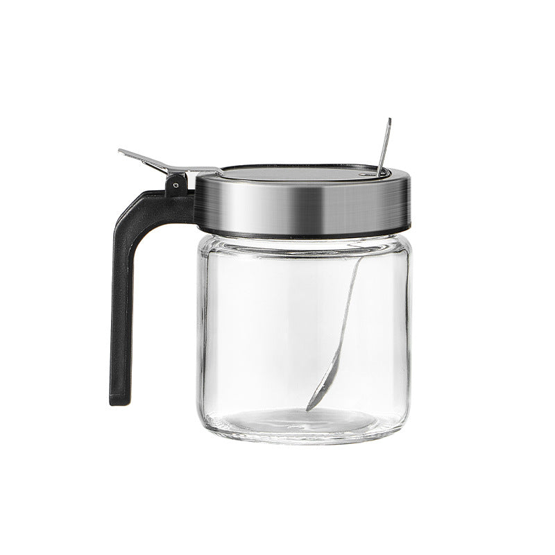 Glass Spice Jar with Lid and Spoon – Airtight Seasoning Container with Handle for Salt, Sugar, Coffee, and Tea Storage