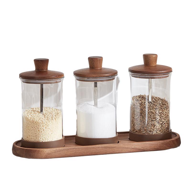 Transparent Glass Spice Jar Set of 3 with Wooden Lids, Spoons & Tray, Kitchen Seasoning & Grain Storage Containers