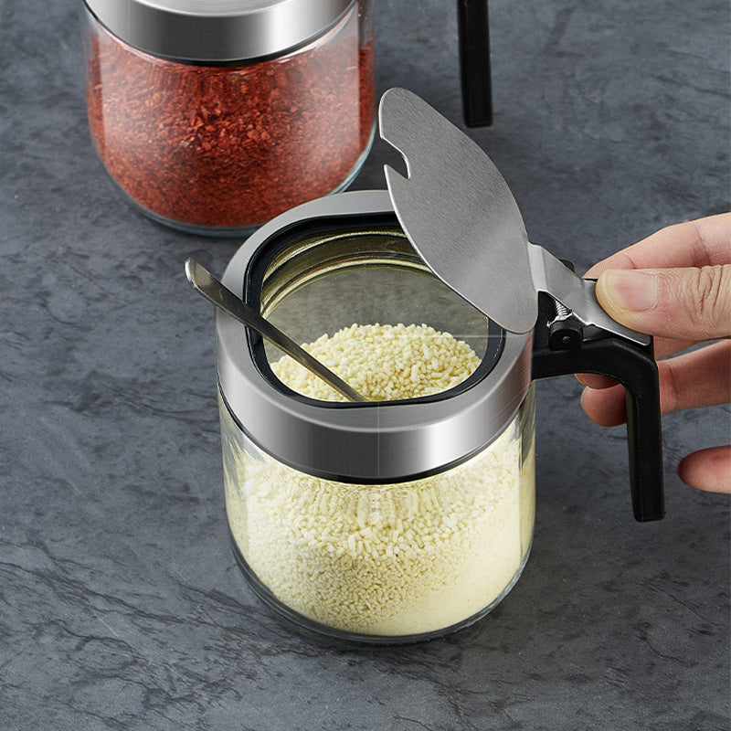 Glass Spice Jar with Lid and Spoon – Airtight Seasoning Container with Handle for Salt, Sugar, Coffee, and Tea Storage