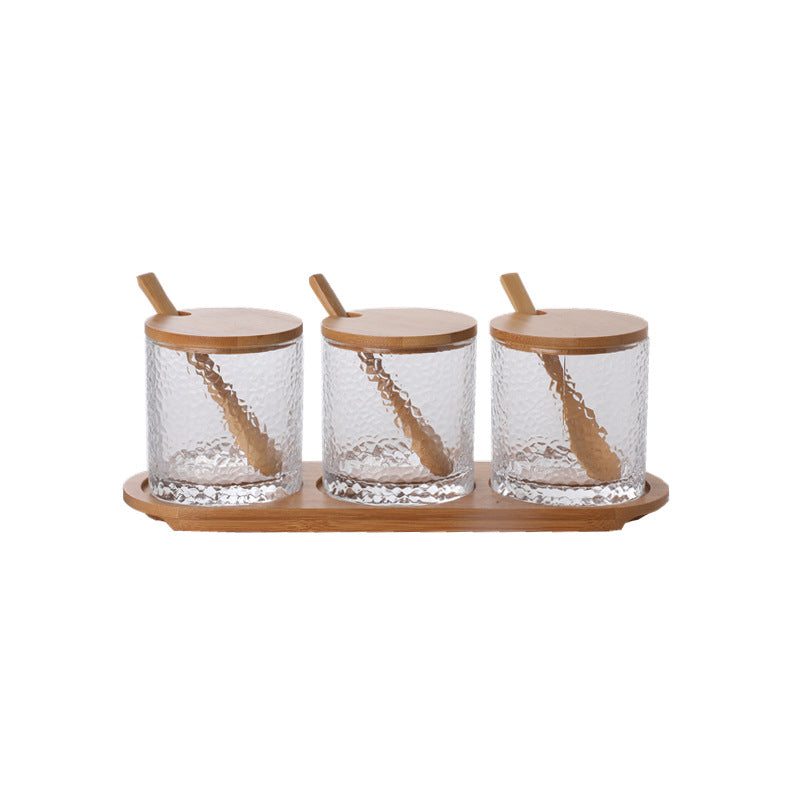 Hammered Glass Spice Jar Set with Bamboo Lid, Spoon & Tray – 3 Pack Seasoning Containers