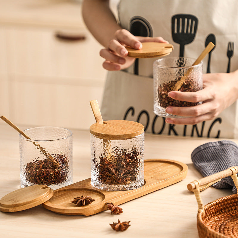 Hammered Glass Spice Jar Set with Bamboo Lid, Spoon & Tray – 3 Pack Seasoning Containers