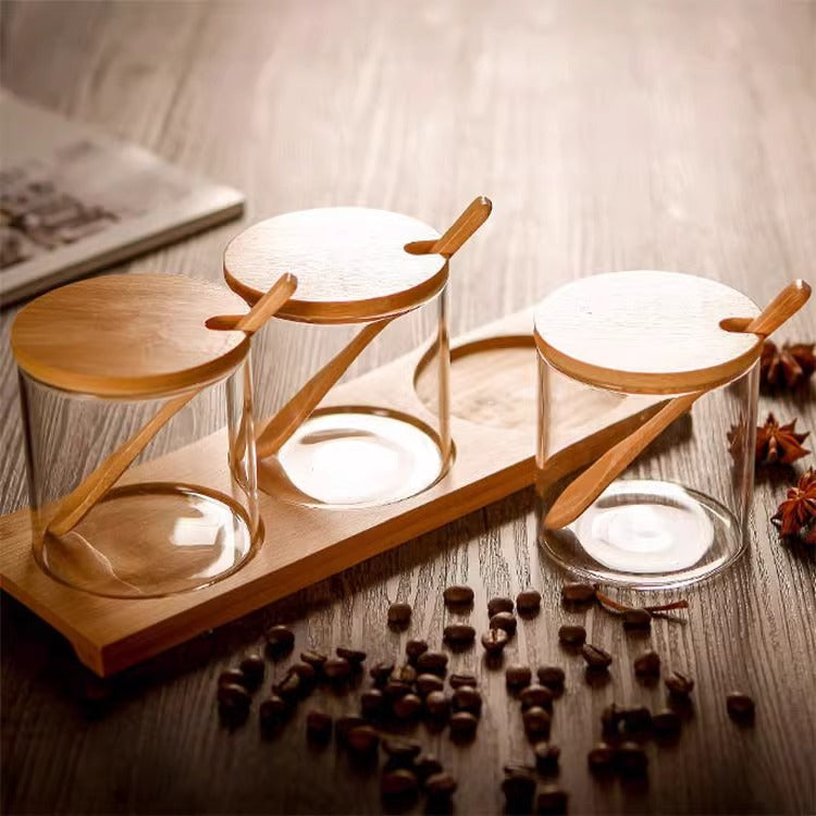 3-Piece Glass Spice Jar Set with Wooden Lids, Spoons and Base – Seasoning Container Organizer for Kitchen and Dining