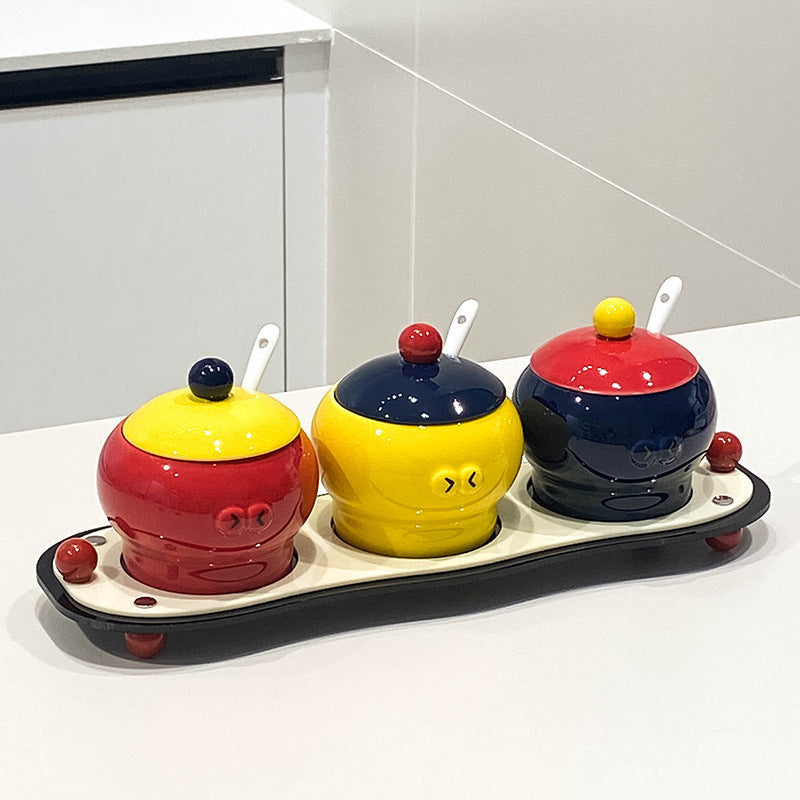 Creative Three-Color Ceramic Spice Jar Set of 3 with Tray and Spoons – Modern Kitchen Storage