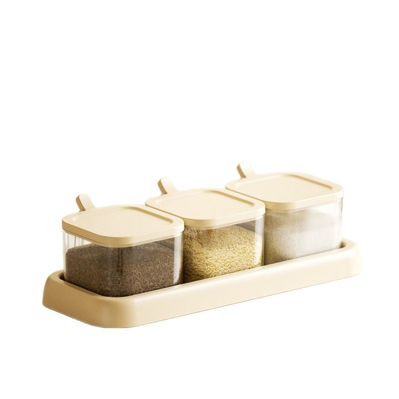 Minimalist Beige Plastic Spice Jar Set of 3 with Tray, Visible Seasoning Storage Containers for Kitchen Salt, Sugar & Grains