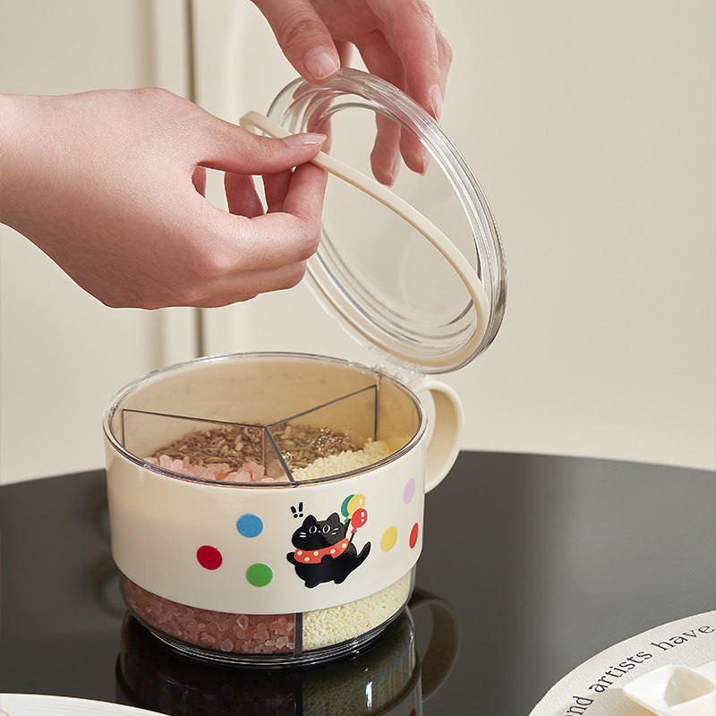 Cartoon Black Cat Plastic Spice Box with Handle – 2-Compartment Seasoning Container with Lid