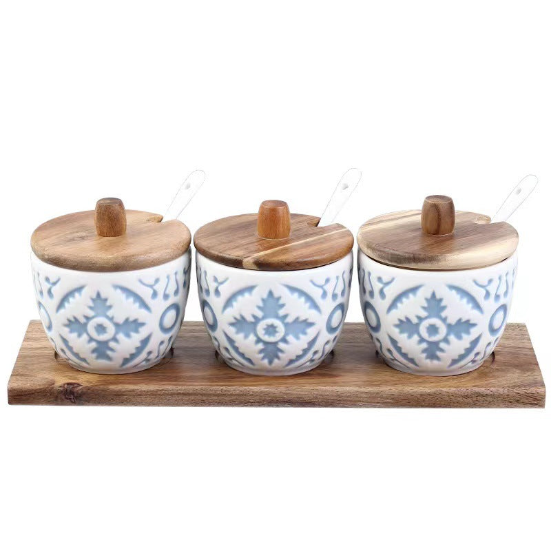 Embossed Ceramic Spice Jar Set of 3 with Wooden Lids, Spoons & Tray, Vintage - style Kitchen Seasoning Storage Containers