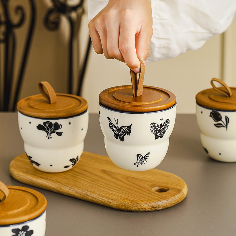 Butterfly - Printed Ceramic Spice Jar Set of 3 with Bamboo Lids, Spoons & Tray, Vintage - Artistic Kitchen Seasoning Storage