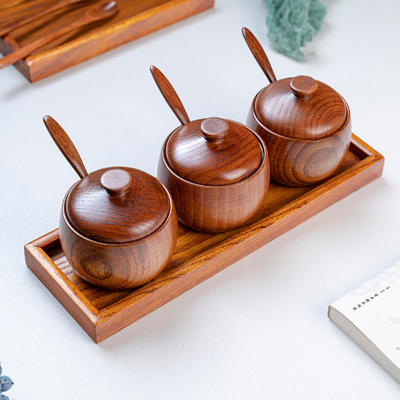 Wooden Spice Jar Set with Tray and Spoons – 3-Piece Seasoning Organizer