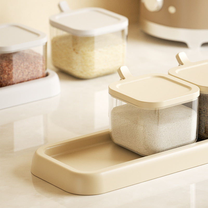 Minimalist Beige Plastic Spice Jar Set of 3 with Tray, Visible Seasoning Storage Containers for Kitchen Salt, Sugar & Grains