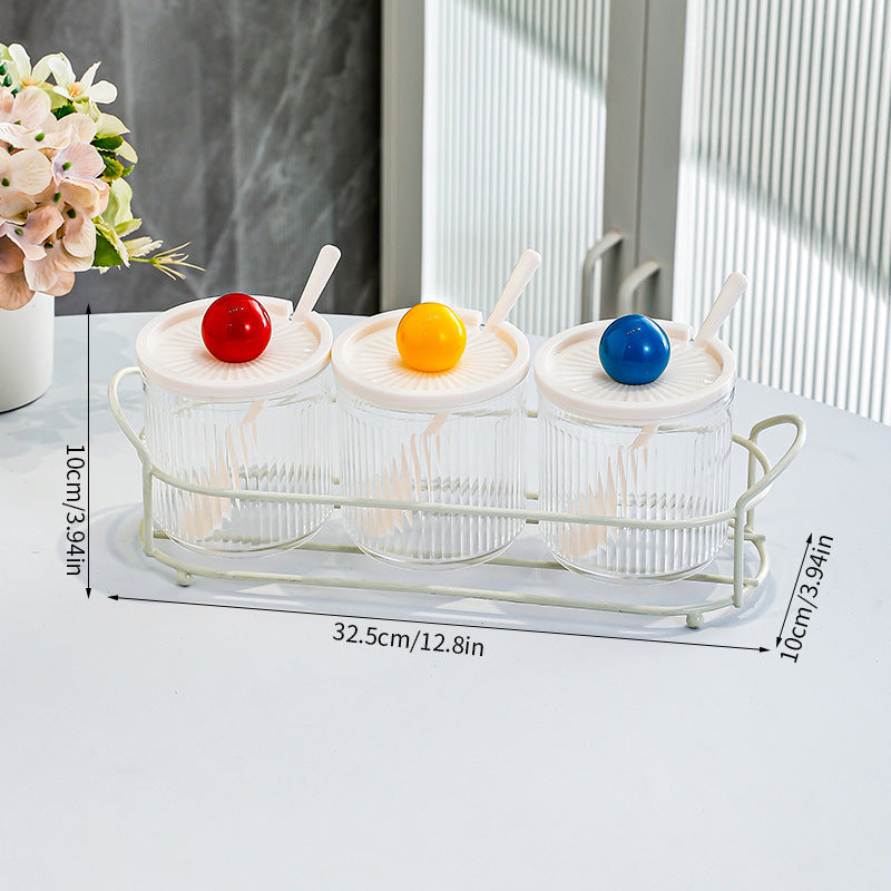 3-Piece Glass Spice Jar Set with Colorful Ball Handle, Spoons & Metal Rack – Seasoning Containers  Product Description: