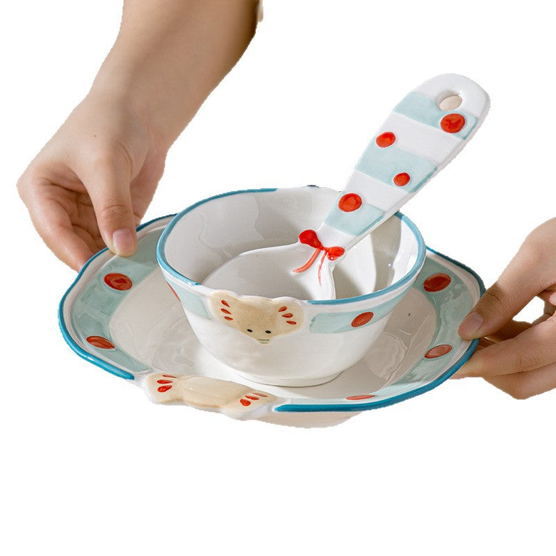 Cute Little Elephant 3D - shaped Ceramic Tableware Set, Cartoon Bowl Plate Cup Spoon Combination for Kids, Creative Breakfast Tableware