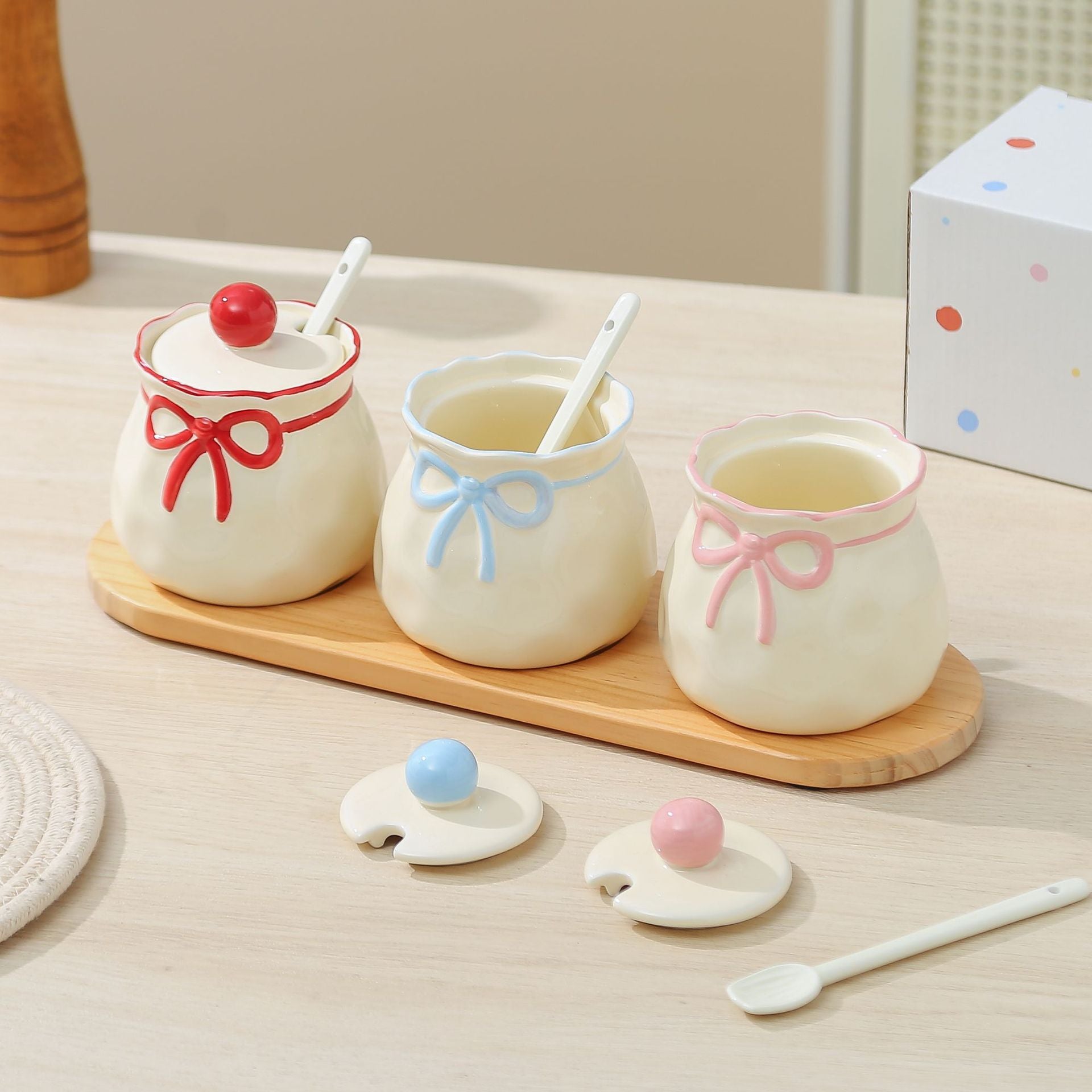 Ins - style Butterfly - bow Ceramic Spice Jar Set of 3 with Spoons & Wooden Tray, Cute Girly - heart Kitchen Seasoning Storage Jars