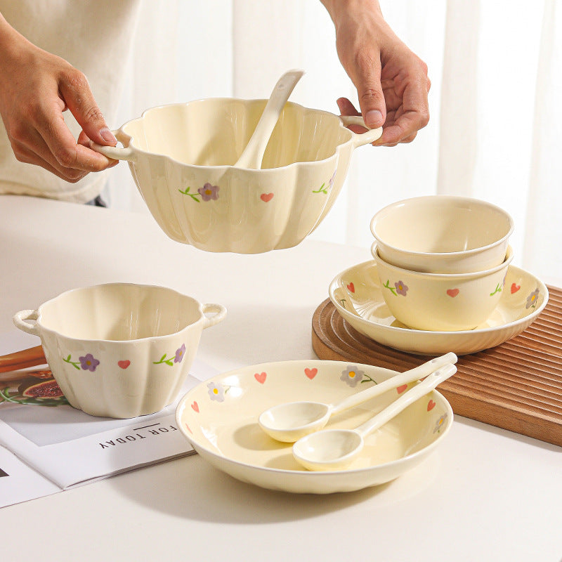 Hand - painted Floral Ceramic Tableware Set, Cream - colored Double - ear Bowl Plate Spoon Combination, Cute Girly - heart Tableware for Home Use