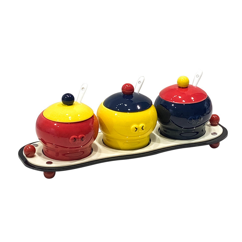 Creative Three-Color Ceramic Spice Jar Set of 3 with Tray and Spoons – Modern Kitchen Storage