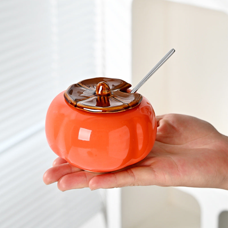 Creative Ceramic Persimmon Spice Jar with Lid and Spoon – Seasoning Container Set of 2
