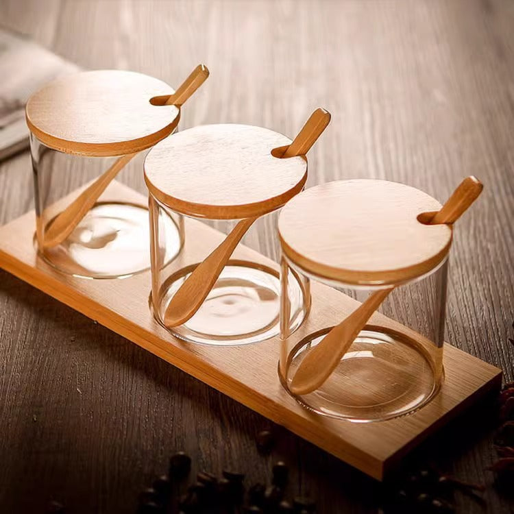 3-Piece Glass Spice Jar Set with Wooden Lids, Spoons and Base – Seasoning Container Organizer for Kitchen and Dining