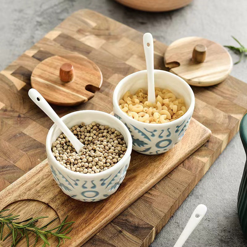 Embossed Ceramic Spice Jar Set of 3 with Wooden Lids, Spoons & Tray, Vintage - style Kitchen Seasoning Storage Containers