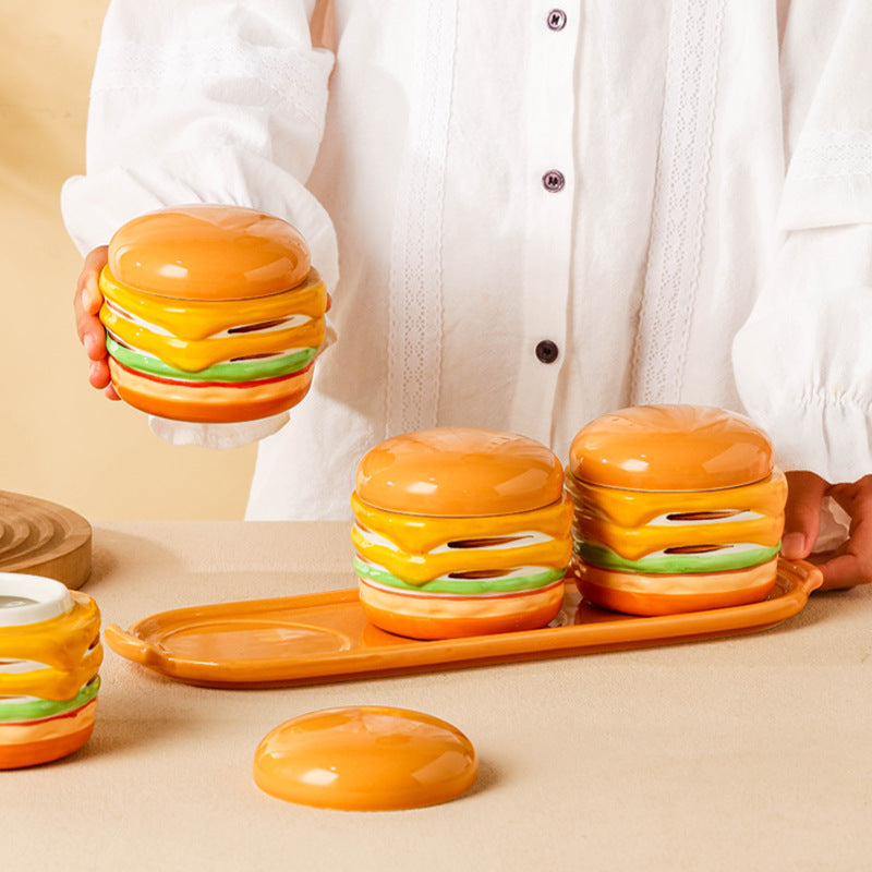 Creative Burger-Shaped Ceramic Spice Jar Set of 3 with Tray – Fun Kitchen Storage