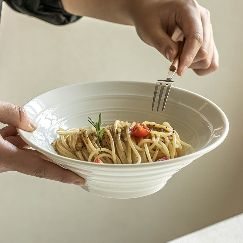 White Ceramic Wide-Rim Bowl Set – Large Capacity Ramen, Soup & Salad Bowls, Elegant Deep Plate Design (Set of 2)
