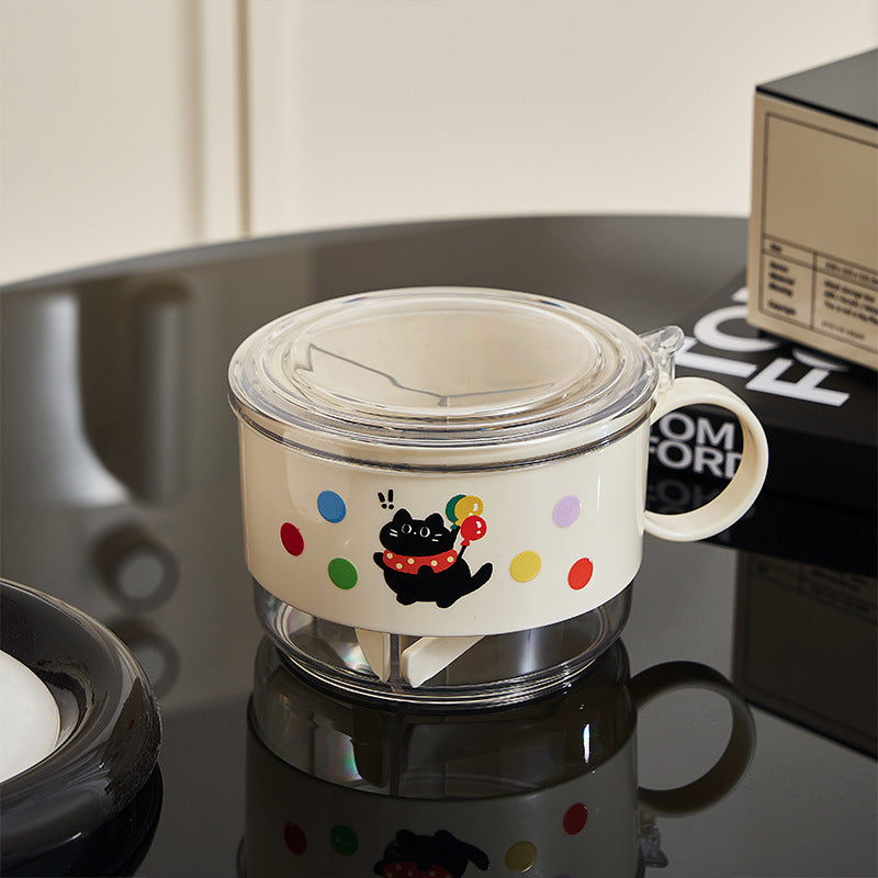 Cartoon Black Cat Plastic Spice Box with Handle – 2-Compartment Seasoning Container with Lid