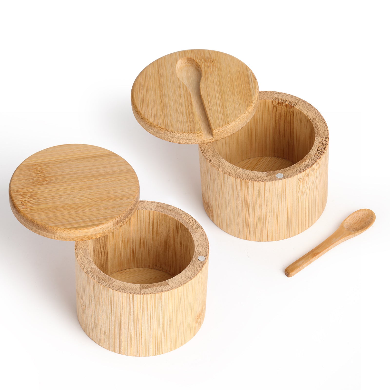 Natural Bamboo Double Spice Jar with Magnetic Swivel Lid and Spoon – Kitchen Seasoning Container