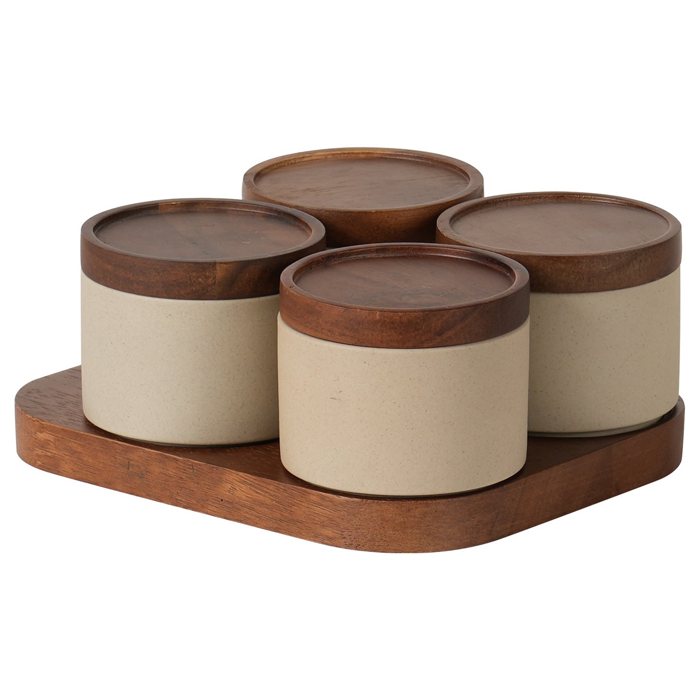 Nordic Ceramic Spice Jar Set of 4 with Wooden Lids and Tray – Kitchen Seasoning Containers