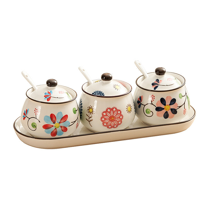 Hand - painted Floral Ceramic Spice Jar Set of 3 with Spoons & Tray, Vintage style Kitchen Seasoning Storage Jars