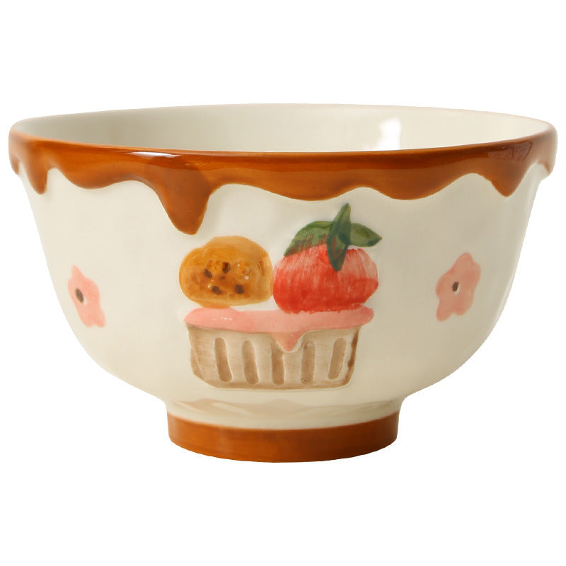 Hand - painted Relief Dessert Tableware Set, Cute Strawberry Cake - shaped Bowl and Plate Combination, Creative Ceramic Tableware