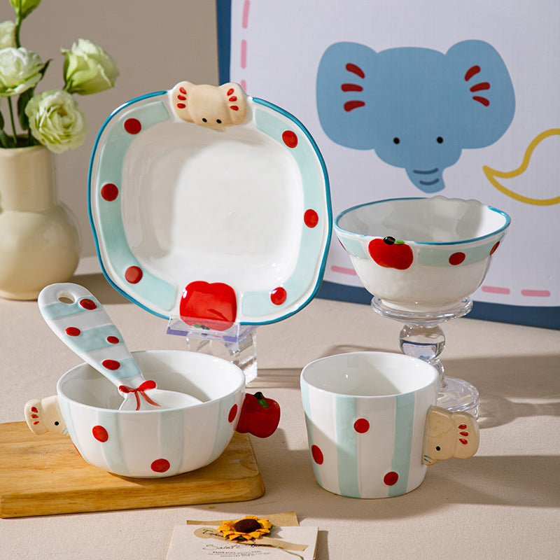 Cute Little Elephant 3D - shaped Ceramic Tableware Set, Cartoon Bowl Plate Cup Spoon Combination for Kids, Creative Breakfast Tableware