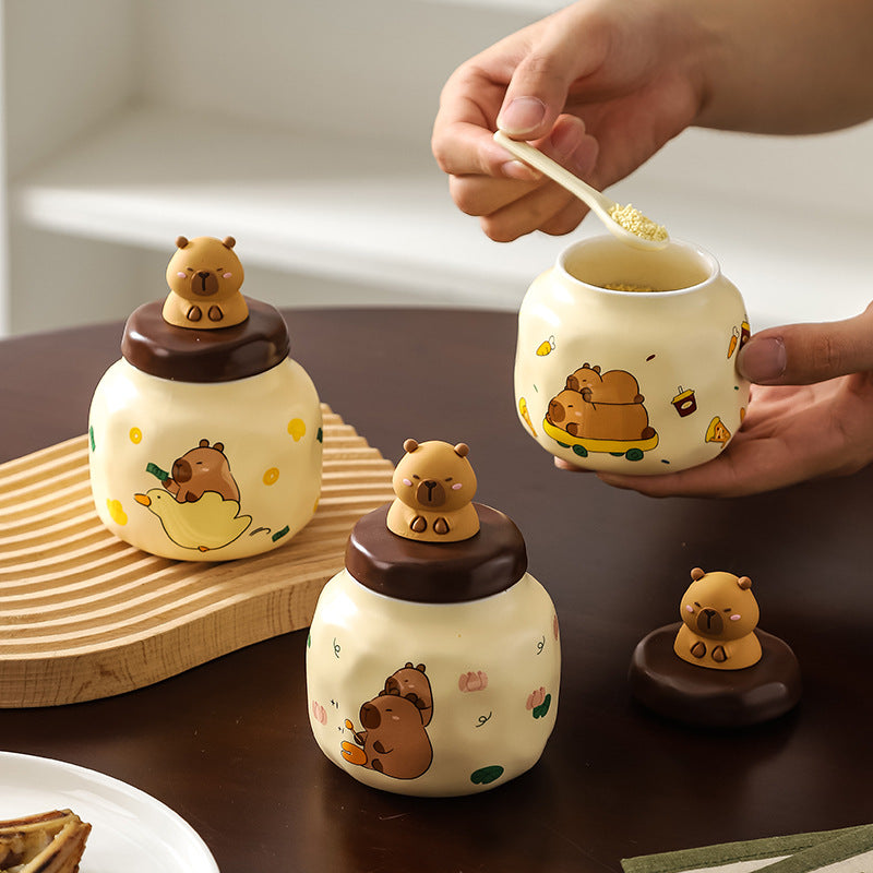 Capybara Ceramic Spice Jar Set of 3 with Tray and Spoons – Cute Kitchen Storage