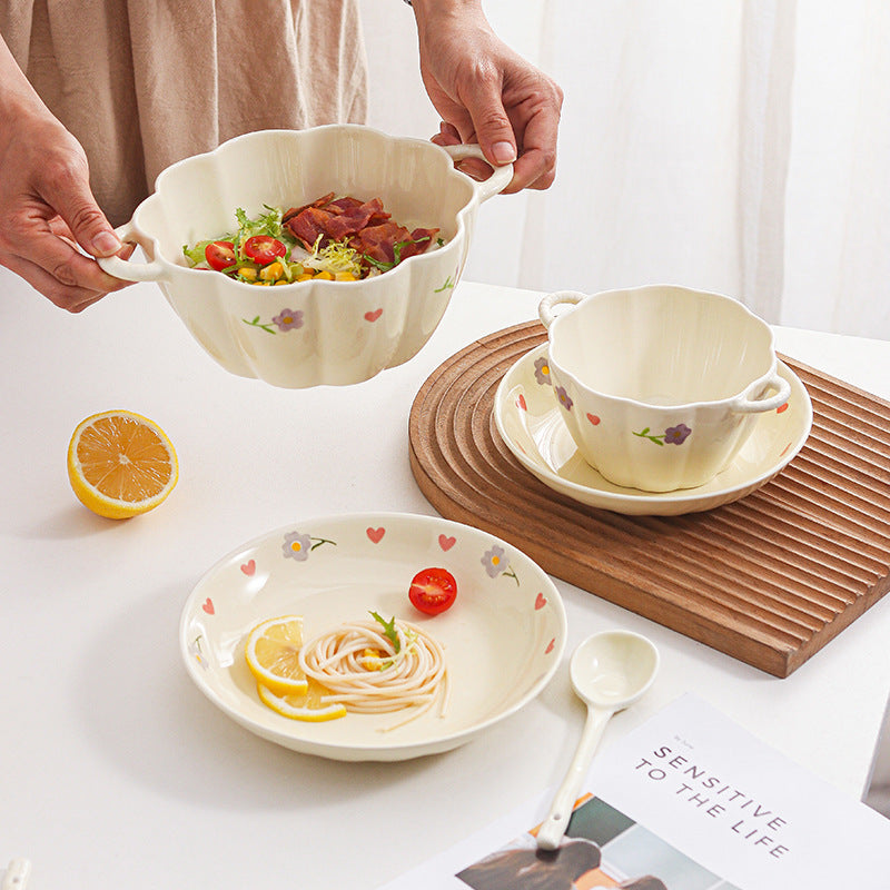 Hand - painted Floral Ceramic Tableware Set, Cream - colored Double - ear Bowl Plate Spoon Combination, Cute Girly - heart Tableware for Home Use