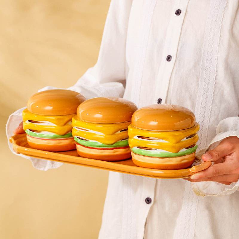 Creative Burger-Shaped Ceramic Spice Jar Set of 3 with Tray – Fun Kitchen Storage