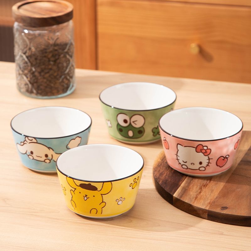 Cute Cartoon Ceramic Bowl Set of 4, Adorable Animal - Patterned Tableware for Home, Universal Rice & Soup Bowls for Kids & Adults