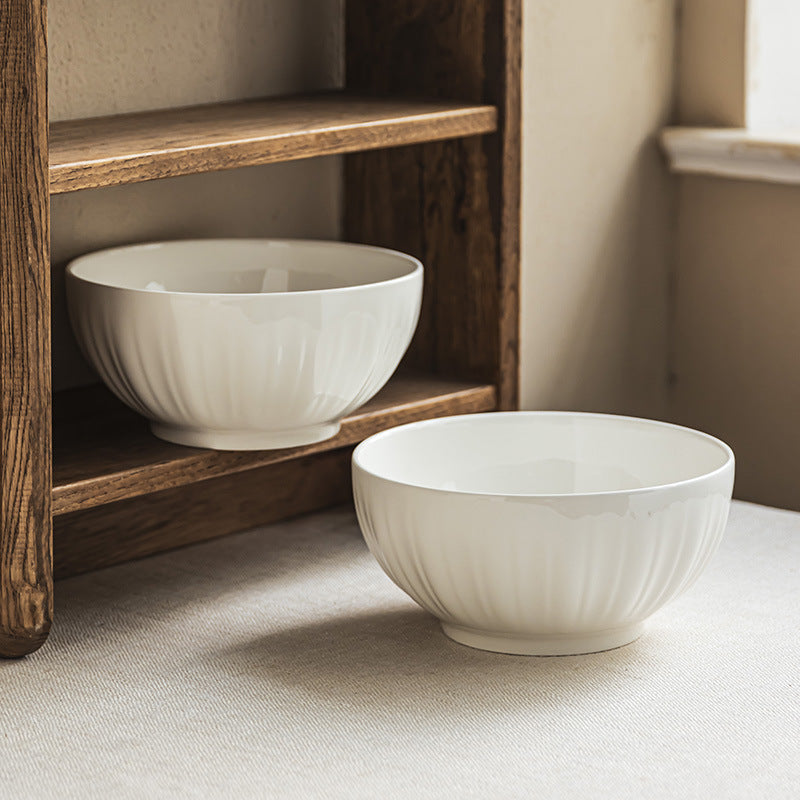 Minimalist White Ceramic Bowl Set – Textured Design, Elegant High-Temperature Porcelain Rice, Soup & Salad Bowls (Set of 2)