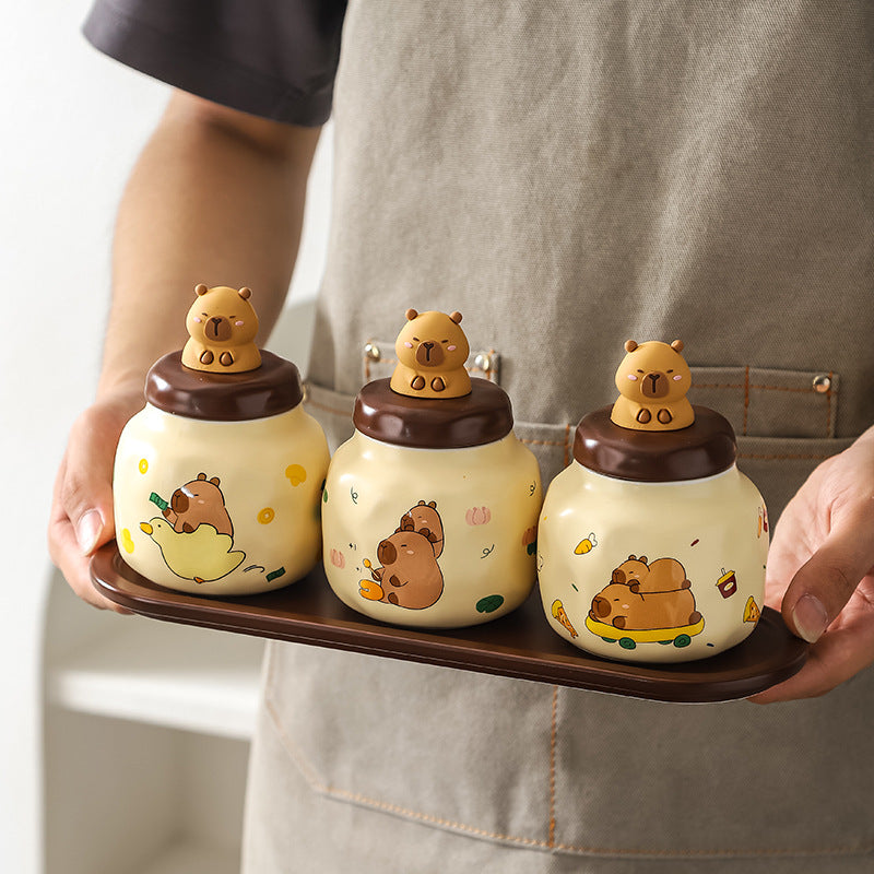 Capybara Ceramic Spice Jar Set of 3 with Tray and Spoons – Cute Kitchen Storage