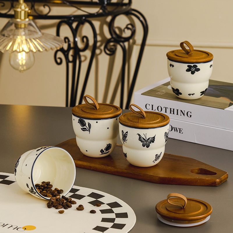 Butterfly - Printed Ceramic Spice Jar Set of 3 with Bamboo Lids, Spoons & Tray, Vintage - Artistic Kitchen Seasoning Storage