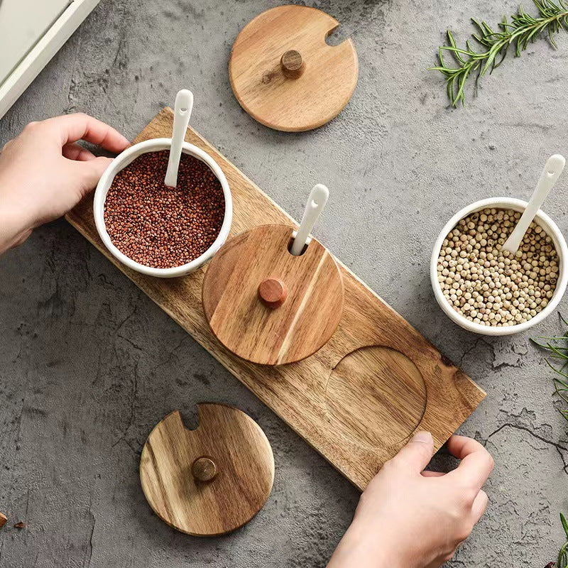 Embossed Ceramic Spice Jar Set of 3 with Wooden Lids, Spoons & Tray, Vintage - style Kitchen Seasoning Storage Containers