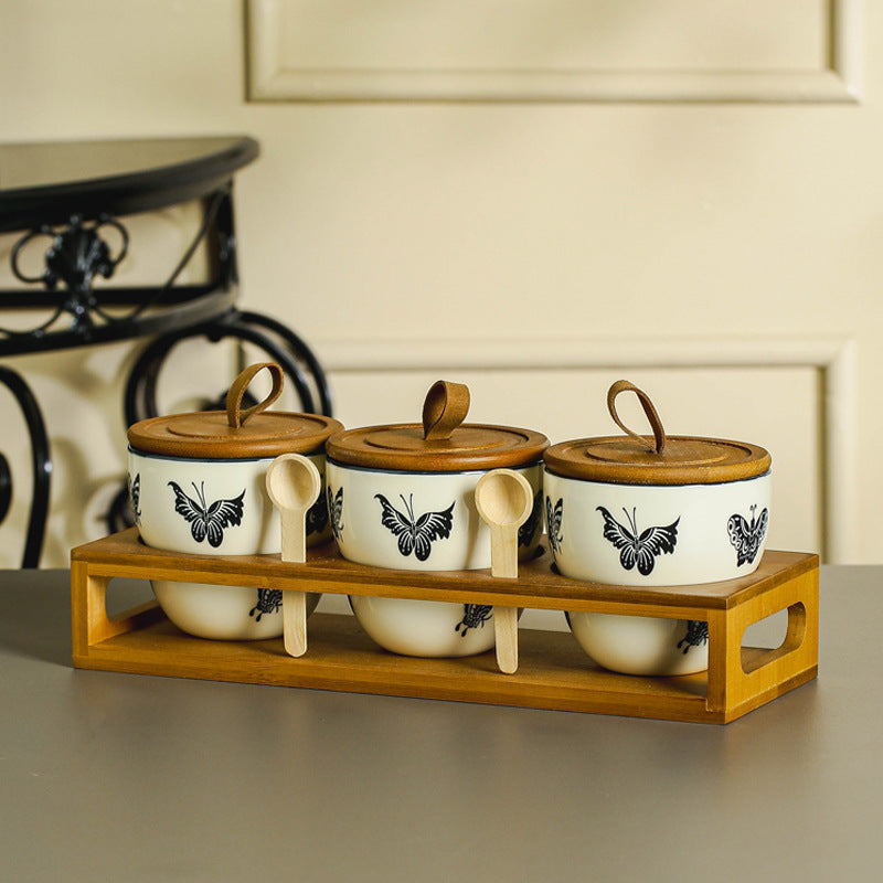 Butterfly - Printed Ceramic Spice Jar Set of 3 with Bamboo Lids, Spoons & Tray, Vintage - Artistic Kitchen Seasoning Storage