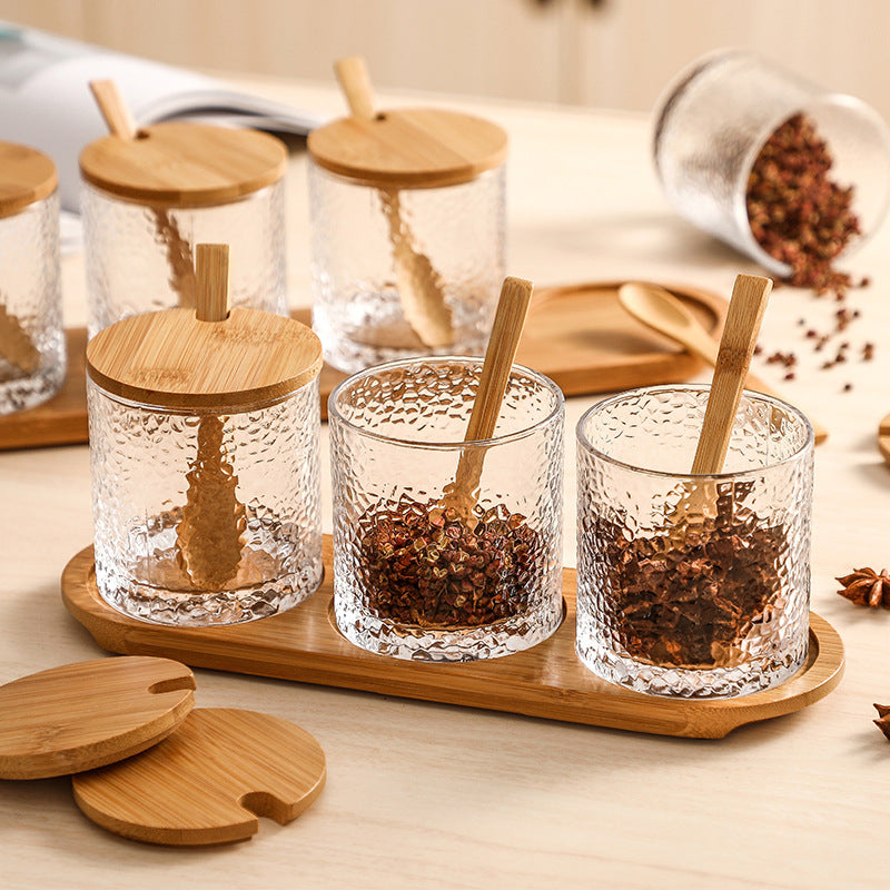 Hammered Glass Spice Jar Set with Bamboo Lid, Spoon & Tray – 3 Pack Seasoning Containers