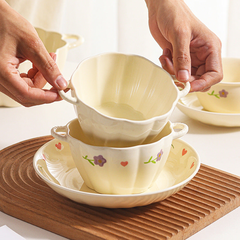 Hand - painted Floral Ceramic Tableware Set, Cream - colored Double - ear Bowl Plate Spoon Combination, Cute Girly - heart Tableware for Home Use