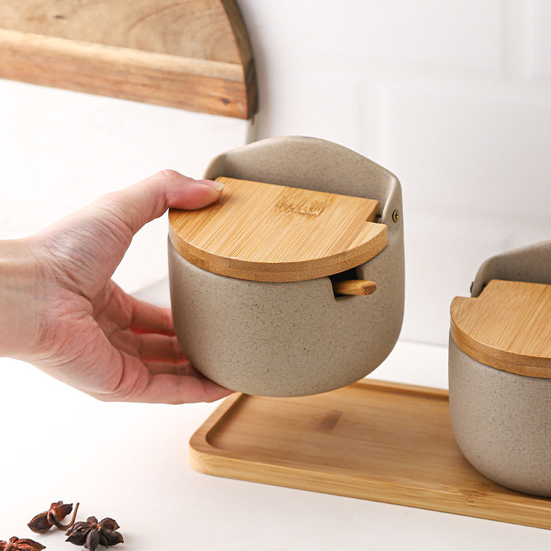 Natural - style Ceramic Spice Jar Set of 3 with Bamboo Lids & Tray, Kitchen Seasoning Storage Containers for Salt, Sugar
