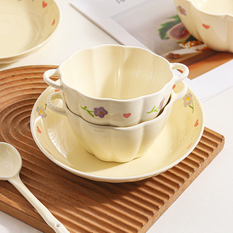 Hand - painted Floral Ceramic Tableware Set, Cream - colored Double - ear Bowl Plate Spoon Combination, Cute Girly - heart Tableware for Home Use