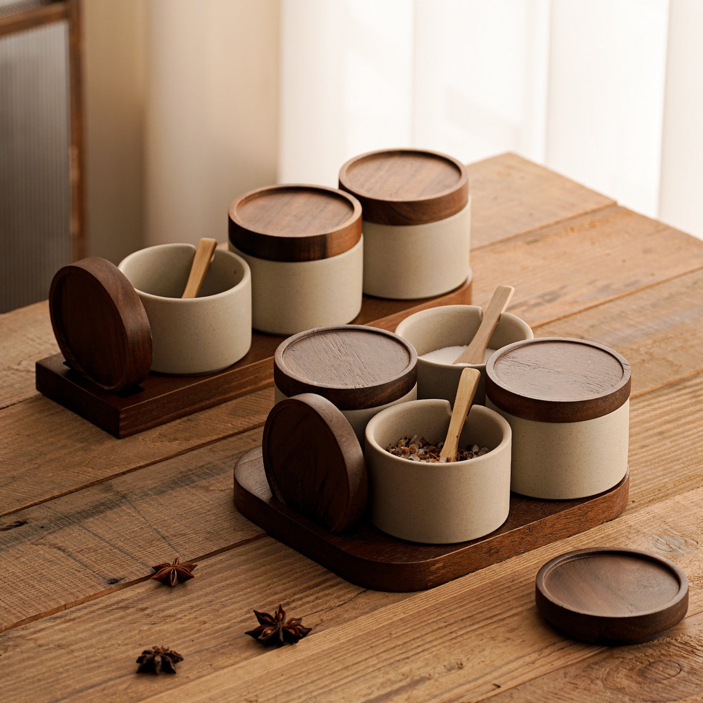 Nordic Ceramic Spice Jar Set of 4 with Wooden Lids and Tray – Kitchen Seasoning Containers