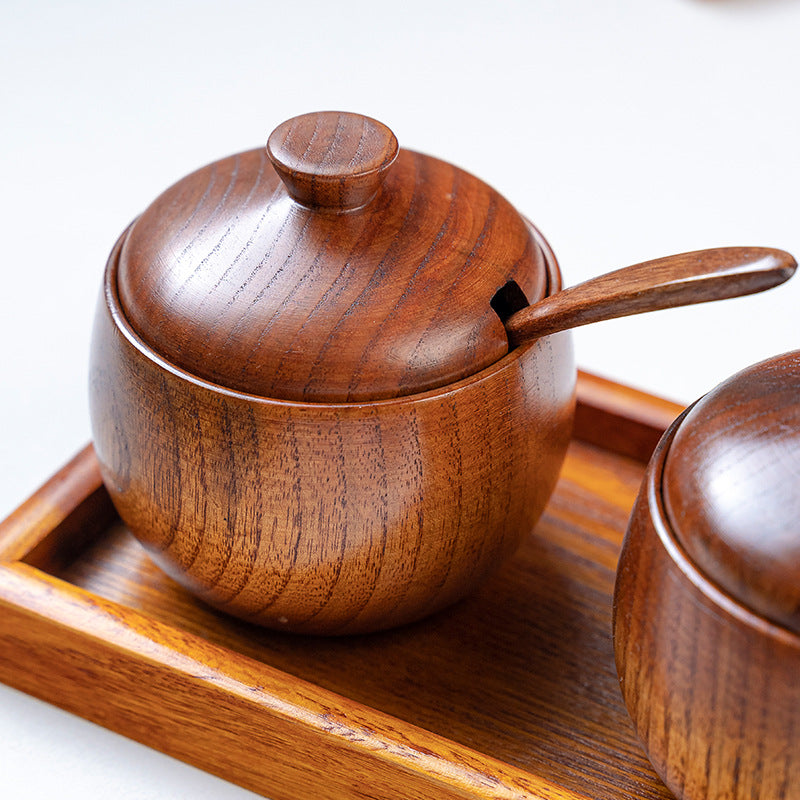 Wooden Spice Jar Set with Tray and Spoons – 3-Piece Seasoning Organizer