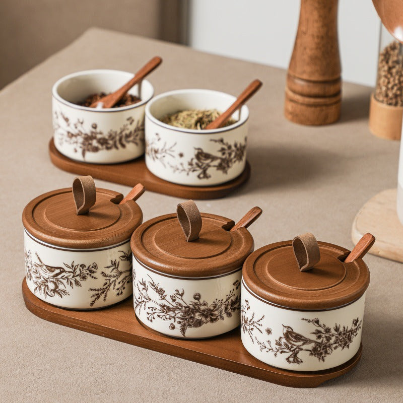 Vintage Wooden-Style Ceramic Spice Jar Set of 3 with Tray and Spoons – Rustic Kitchen Storage