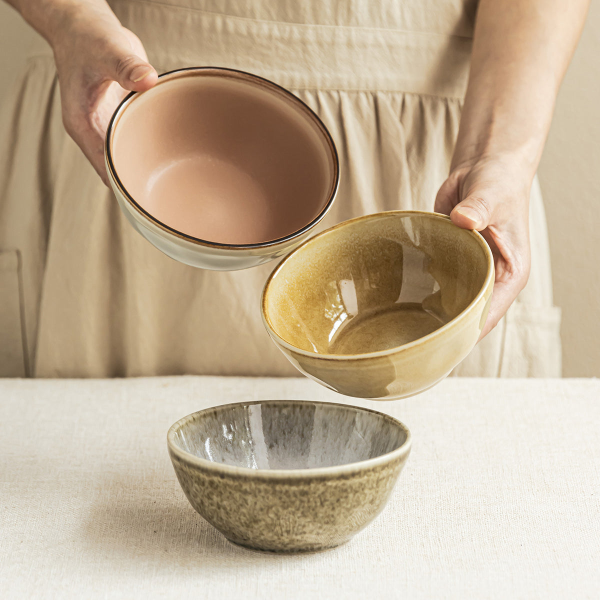 Vintage Ceramic Bowl Set – Handmade Glaze Tableware, Multi-Purpose Rice, Soup & Salad Bowls (Set of 3)
